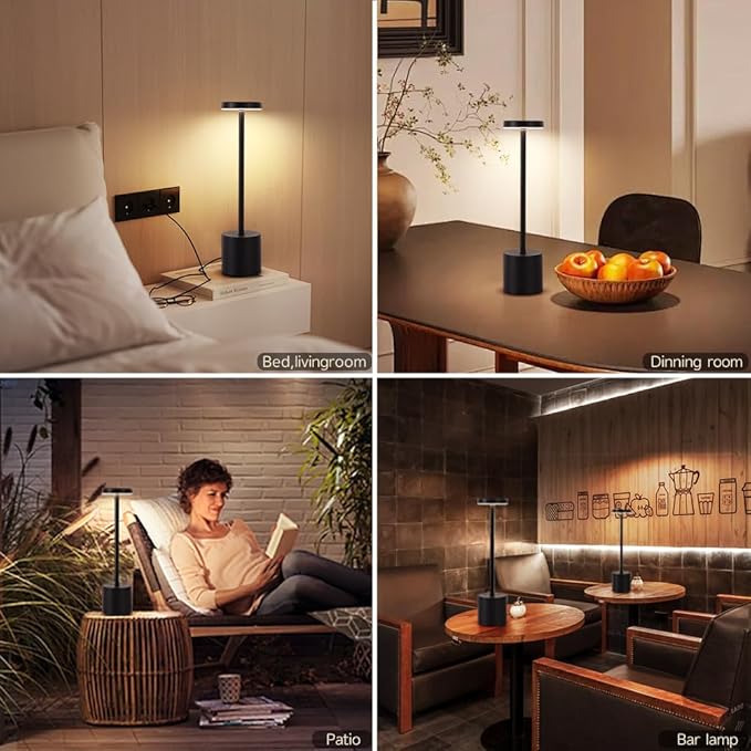 Cordless Table Lamp Set of 2, 5000mAh Rechargeable Battery Powered LED Table Light, Portable Touch Dimming Outdoor Touch Lamps,3 Color Light for Restaurant,Patio,Bedroom,Camping,Cofee (Black)