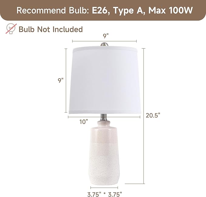 20.5" Ceramic Table Lamp Set of 2 for Bedrooms, White Lamps Set of 2 for Living Room, Minimalist Ceramic Lamps with White Barrel Lampshade, Matte White Ceramic Lamps for Nightstand