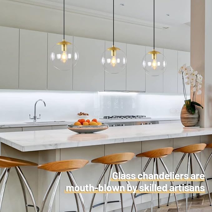 KoKo&Yukina 6-inch mini Modern Globe Pendant Light Clear Glass with Brass Finish Contemporary Mid Century Adjustable Hanging Light Fixture for Living Room Bedroom Kitchen Island (Bulb Incl.)