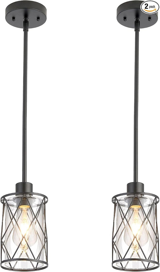 Refice Glass Pendant Lights Kitchen Island, Black Kitchen Hanging Light with Clear Glass, Farmhouse Cage Mini Pendant Lighting for Sink Dining Room Bedroom Bar, 2 Pack