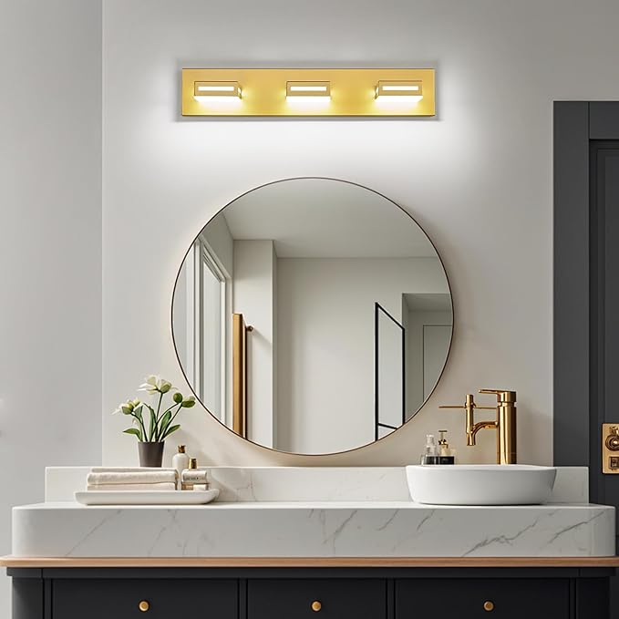 24-Inch 3-Light LED Modern Gold Bathroom Vanity Light Fixtures Over Mirror, Bathroom Lighting Fixtures with Cool White 6000K, Vanity Wall Lights for Bath Restroom Powder Room