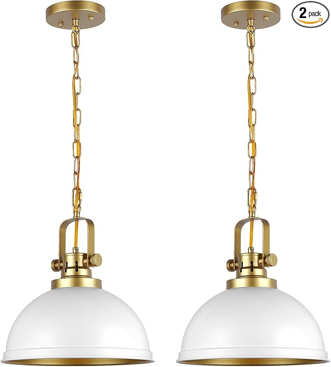White and Gold Pendant Lights Kitchen Island 2 Pack, Modern Matte White Dome Pendant Lighting Industrial Light Fixture for Kitchen Living Dining Room Restaurant Hallway Entrance