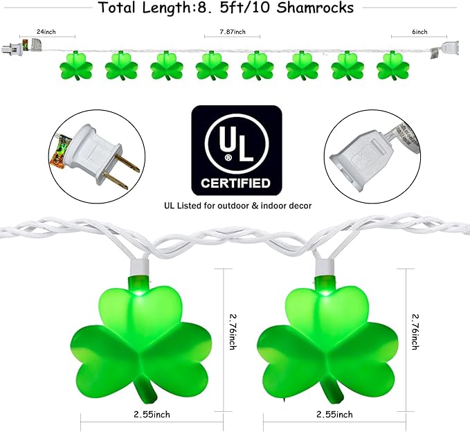 8.5Ft St Patricks Day Lights, 10 LED 3D Shamrock Lights Plug In, Waterproof St Patrick's Day String Lights Shamrock, Saint Patricks Day Decorations, St Patricks Day Outdoor Light for Window & Home