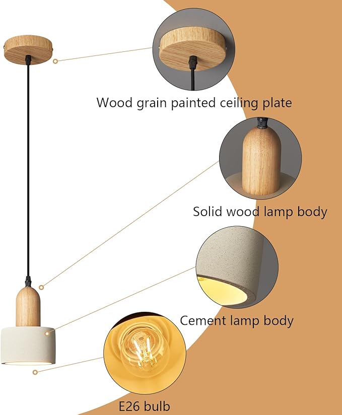 Modern Cement Pendant Lights White Chandelier Wooden Ceiling Lights for Bedroom Dining Room Living Room Kitchen Island bar（3 Pack）