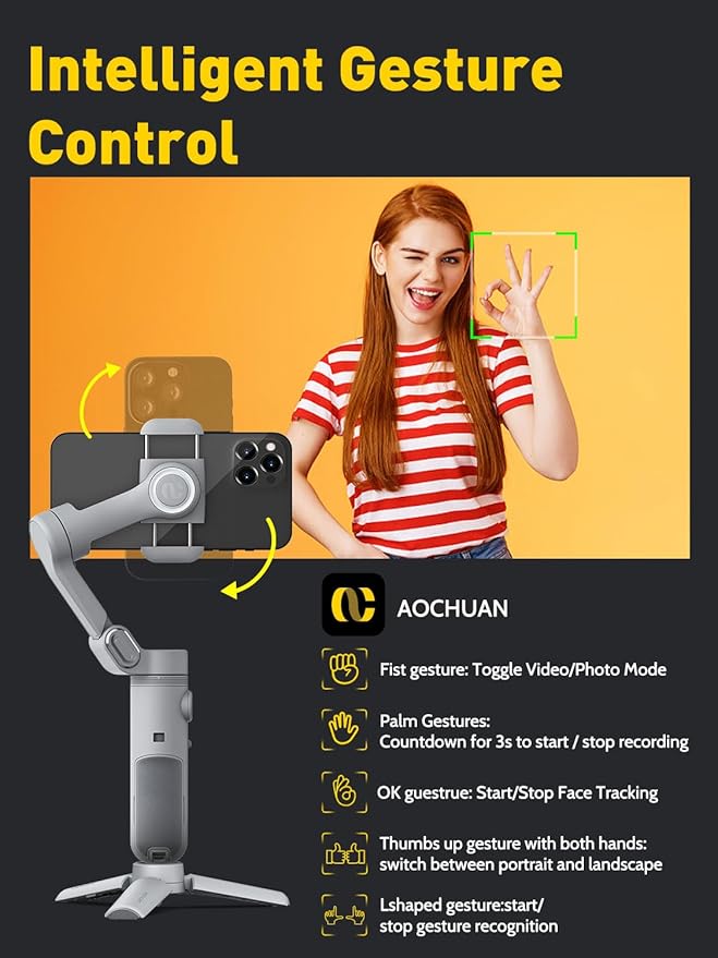 AOCHUAN Gimbal Stabilizer for Smartphone with Face/Object Tracking for iPhone 15 14 Pro Max Android,3-Axis Foldable Phone Gimbal w/Built-in Light,1/4 Threads for TikTok YouTube Vlogging(Smart X Grey)
