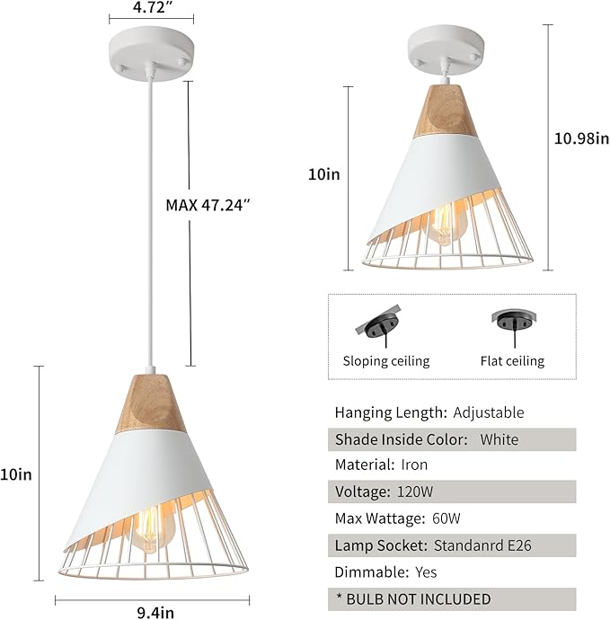 White Pendant Light, 2 Packs 9.4inch Farmhouse Pendant Light, Kitchen Pendant Lights, Pendant Lights Kitchen Island for Living Room, Bar, Bedroom, Office