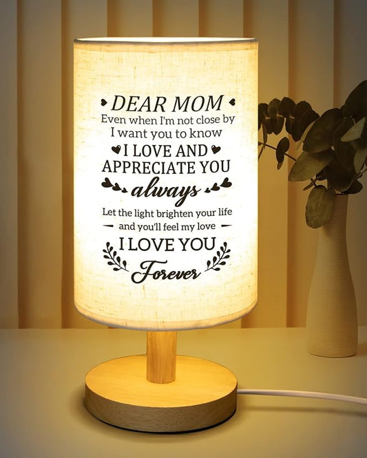 Gifts for Mom from Daughter Son, Moms Birthday Gift Fabric Lamp, Valentines Day Retirement Birthday Gifts for Mother Table Lamp with Wooden Stand, I Love You Mom Gifts