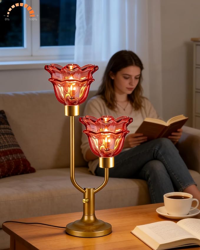 Lightdot Mid Century Modern Flower Table Lamp Gold Dimmable U-Shaped Deep Red Glass Desk Lamps with 2Pcs 3000K Warmwhite Bulbs Included Bedside Nightstand Lamp for Living Room Bedroom