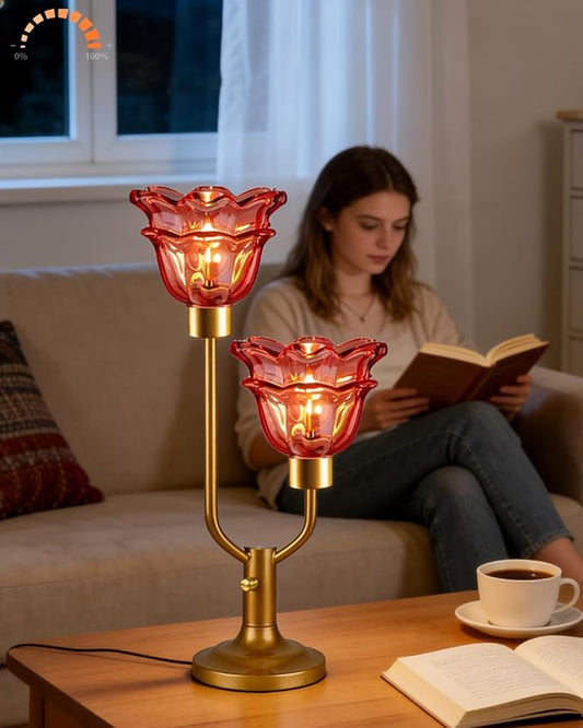 Lightdot Mid Century Modern Flower Table Lamp Gold Dimmable U-Shaped Deep Red Glass Desk Lamps with 2Pcs 3000K Warmwhite Bulbs Included Bedside Nightstand Lamp for Living Room Bedroom