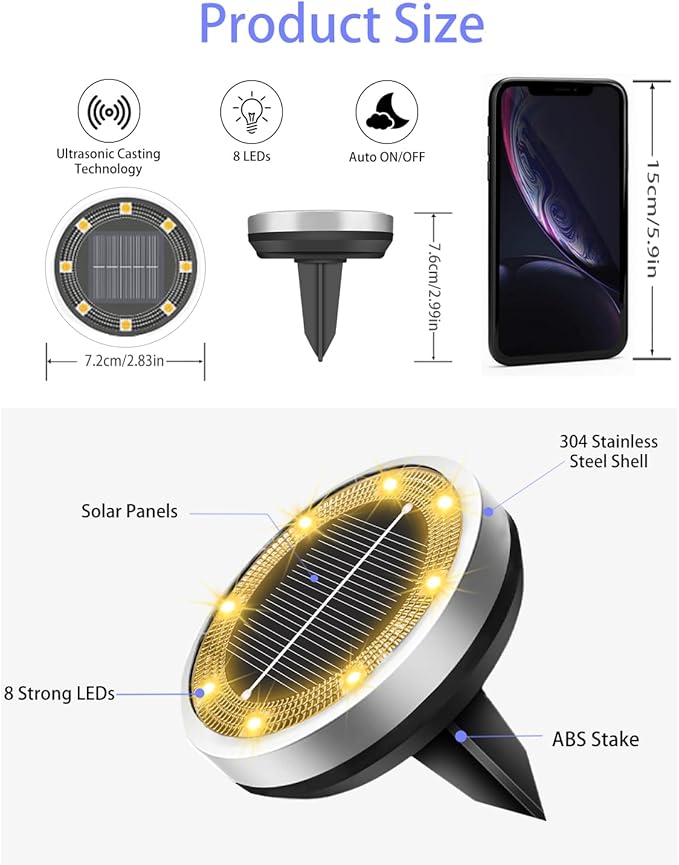 Solar Lights Outdoor Waterproof, 8 Pack 8 LED, Thickened Stainless Steel Ground Light, Solar Garden Lights Landscape Lighting for Patio Pathway Lawn Yard Deck Driveway Walkway, Warm White