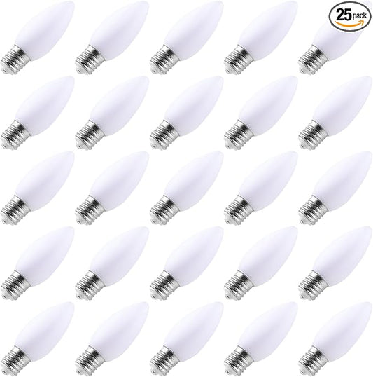 25-Pack Ceramic C9 LED Christmas Light Bulbs, Cool White LED Light Bulbs Holiday Decoration, Cool Christmas Decor for Indoor & Outdoor Use, E17/C9 Intermediate Base (Cool White Smooth)
