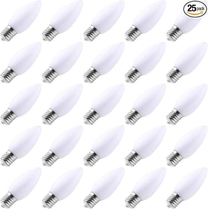 25-Pack Ceramic C9 LED Christmas Light Bulbs, Warm White LED Light Bulbs Holiday Decoration, Warm Christmas Decor for Indoor & Outdoor Use, E17/C9 Intermediate Base (Warm White Smooth)