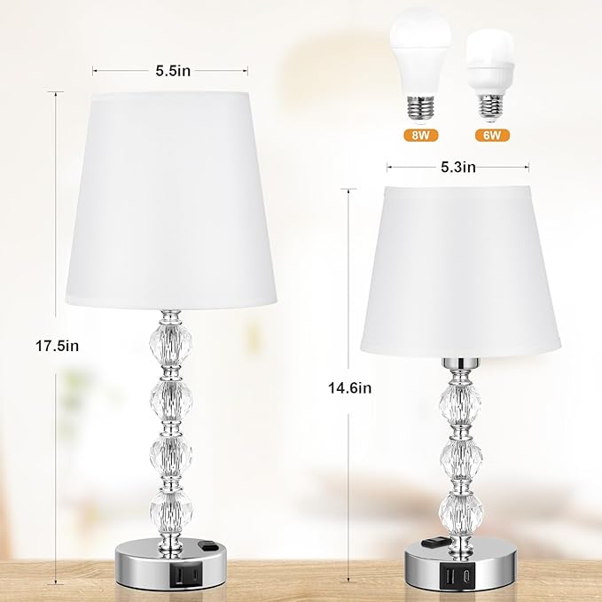 Acaxin Crystal Table Lamp Set of 2 for Bedroom/Living Room, 17.5in (White)