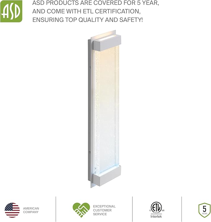 ASD LED 24" Bubble Glass Wall Light Fixture, Outdoor & Indoor Seeded Sconce | 3CCT, Waterproof, Dimmable, Up-Down Glow, ETL Listed | 22W 530LM 3000-5000K 100-277V | Porch Lighting | White, 2 Pack