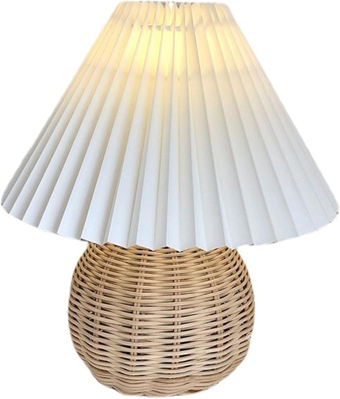 Table Lamps for Living Room, Retro Lamp Small Pleated Table Lamp Rattan Metal Base Modern Bedside Nightstand Lamp with Beige Lampshade