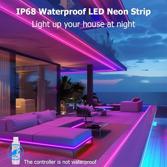 16.4ft LED Neon Rope Lights, RGB Plus IC Neon Strip Lights, IP68 Waterproof Dimmable Rope Light with APP Remote Control for Gaming Room Living Room Bedroom Indoor/Outdoor Decor