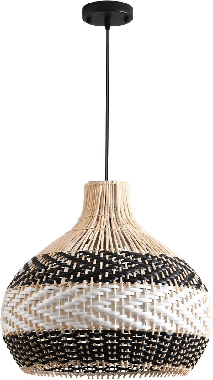 3-Light Rattan Pendant Light,1-Pack Hand-Woven Black White Faux Rattan Hanging Light 15" Boho Basket Wicker Chandelier for Living Room Bedroom Kitchen Dining Hallway