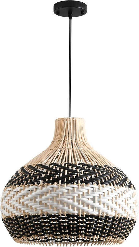 3-Light Rattan Pendant Light,1-Pack Hand-Woven Black White Faux Rattan Hanging Light 15" Boho Basket Wicker Chandelier for Living Room Bedroom Kitchen Dining Hallway