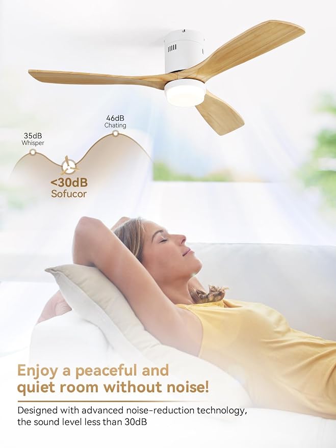 Sofucor Ceiling Fan with Lights, 52 Inch Low Profile Flush Mount Modern Wood Ceiling Fan with Remote for Indoor Farmhouse Bedroom Living Room Outdoor Patio Porch, Reversible DC Motor, Noiseless
