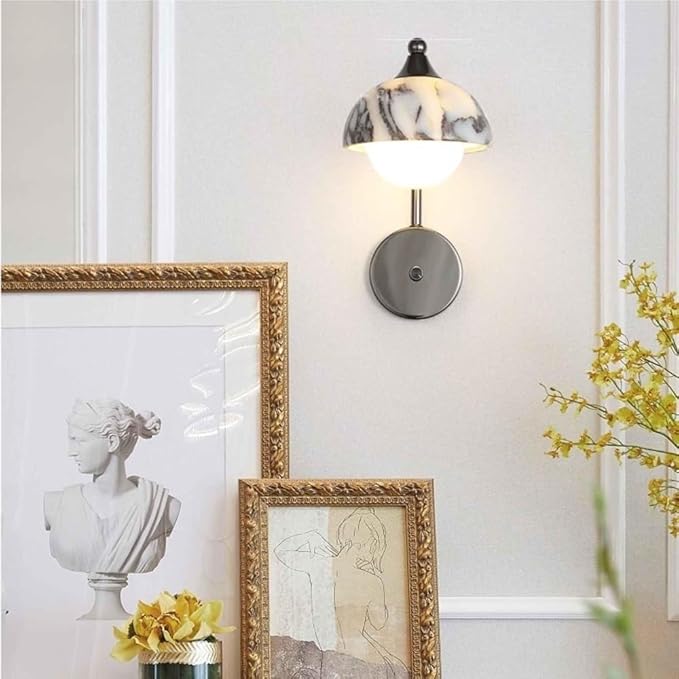 Nordic Marble Mushroom Shaped Wall Sconce Hand Carved Adjustable Rotating Shade Wall Lamp Industrial Retro Wall Light Fixture Indoor 3-Color Dimmable Wall Light for Bedroom Living Room Corridor