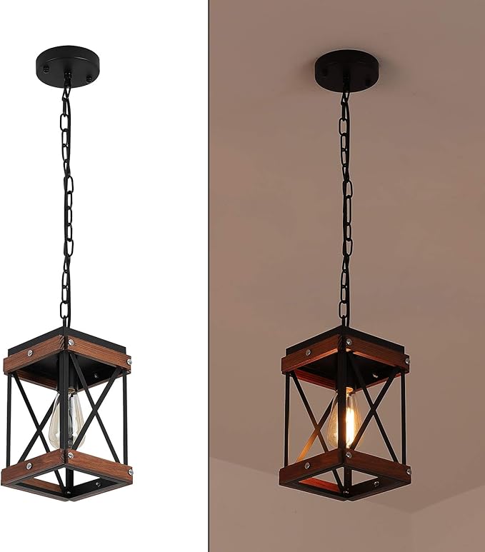 Fivess Lighting Rustic Farmhouse Pendant Light with Wood and Metal Cage, One-Light Adjustable Chains Industrial Mini Pendant Lighting Fixture for Kitchen Island Cafe Bar, Black