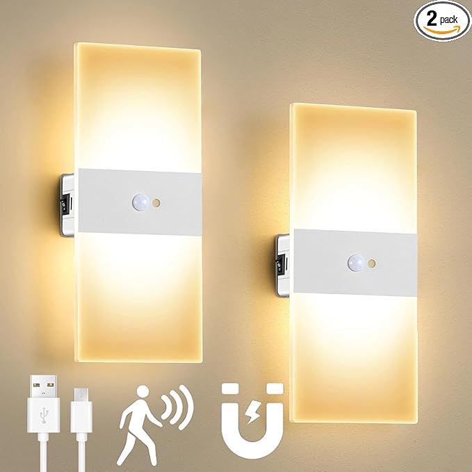 2pcs Motion Sensor Wall Sconces, Battery Operated Wall Sconce, Indoor Rechargeable USB Wall Light, Magnetic Wireless Warm White Energy Saving Wall Lamp for Hallway, Staircases, Living Room