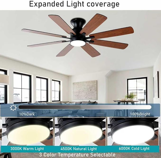 KNUN 52 Inch Ceiling Fan with Light, Low Profile Ceiling Fan with Remote and APP Control, 8 Blades, Noiseless, DC Motor, Flush Mount Ceiling Fans for Bedroom Living Room, Indoor/Outdoor Brown