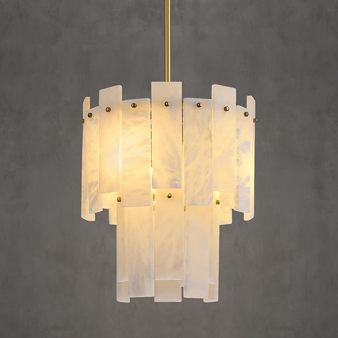 Alabaster Chandelier D13in Spanish Natural Marble Round Chandeliers, 2 Tiers Brass Alabaster Pendant Light,Modern Gold Small Chandeliers for Dining Room,Foyer,Kitchen Island,Bathroom,Bedroom