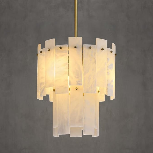 Alabaster Chandelier D13in Spanish Natural Marble Round Chandeliers, 2 Tiers Brass Alabaster Pendant Light,Modern Gold Small Chandeliers for Dining Room,Foyer,Kitchen Island,Bathroom,Bedroom