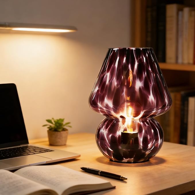 Glass Mushroom Lamp, Mushroom Desk Lamp with LED Bulb, Small Purple Battery Operated Cordless Lamps for Kitchen Counter, Bedroom Nightstand, Living Room, Gift for Mom