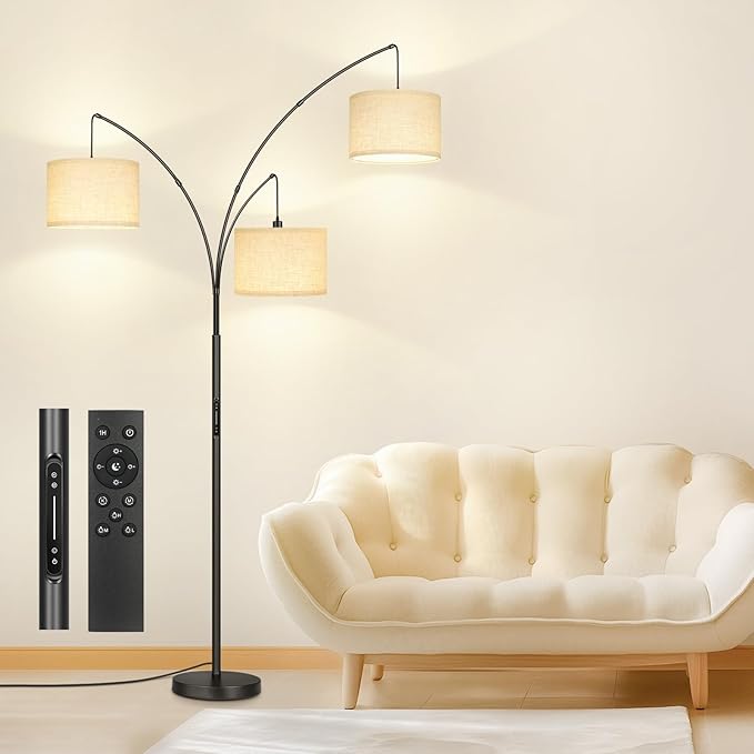 OUTON Arc LED Floor Lamp with Remote & Touch Control, Dimmable Modern Black 3 Light Arched Tall Floor Lamp, Mid Century Adjustable Standing Corner Lamps for Bedroom, Office, Living Room
