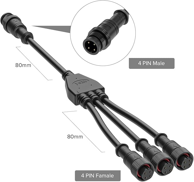 BTF-LIGHTING 4 Core 4 pin Big Size IP67 Y Shape 1 Male-Divided-3 Female Spillter Connctor Black Plastics 0.5mm²/20AWG 22mm Metal Metal Nut Support All BTF-LIGHTING 4 pin Big Size IP67 Connectors