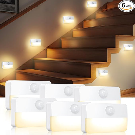 AMIR 6 Pack Mini Motion Sensor Stair Light for Indoor, Battery-Powered LED Night Light, 40 Lumen 3000K, Cordless Closet Lights, Safe Lights for Stairs, Hallway, Bathroom, Kitchen, Cabinet