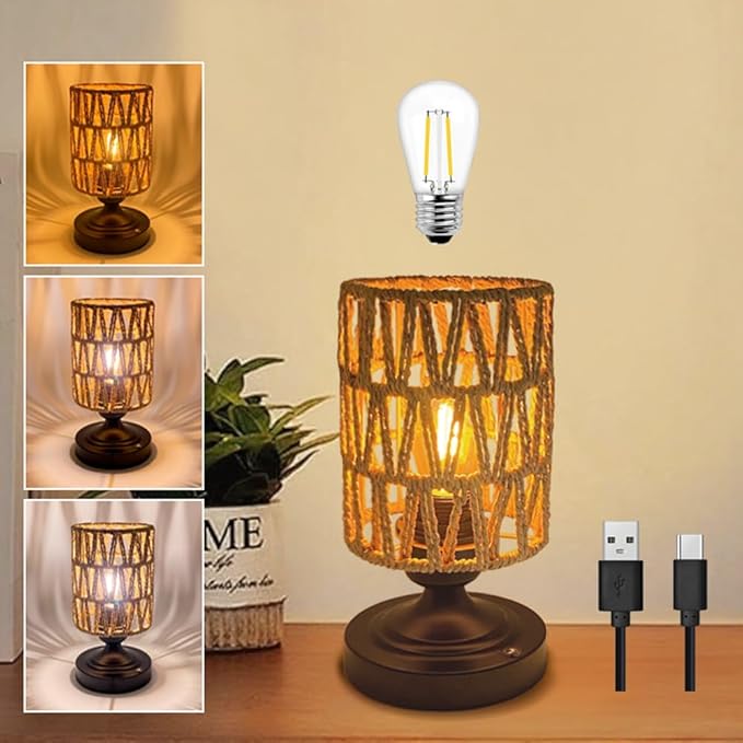 Cordless Rechargeable Table Lamps Night Light Desk Lamp, Battery Operated Farmhouse Table Lamp Boho Rattan Shade Stepless Dimmable for Outdoor Patio, Living Room, Bedroom (Bulb Included)