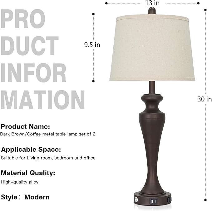 30 Inch Dark Brown Table Lamp Single, 3-Way Touch Control Bedside Lamp with USB A+C Ports and AC Outlet, Tall Living Room Lamps for End Table, Elegant Coffee Bedroom Lamps for Night stand, Coffee