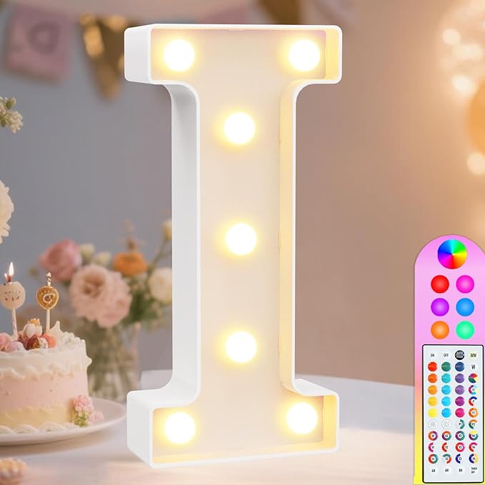 Pooqla Colorful Light Up Letters with Remote, Upgraded 35 Colors LED Marquee Letters, RGB Lighted Letter for Girls Teenager Gift, Birthday, Party, Wedding, Night Light, Room, Bedroom Decor, Letter I