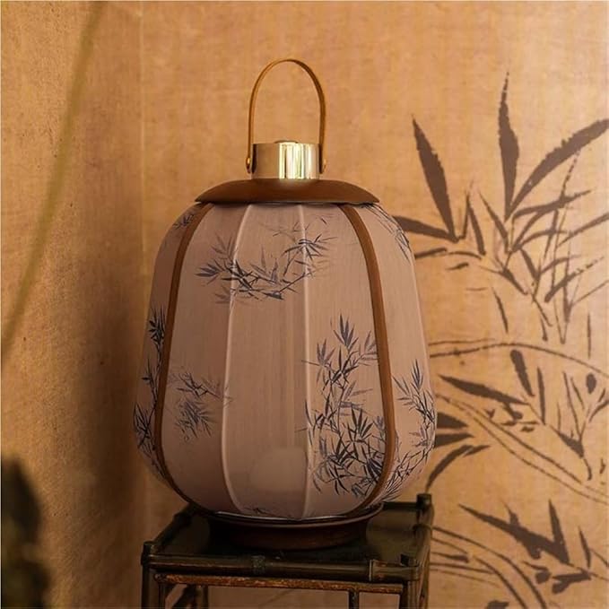 Simple Rechargeable Lantern Table Lamp with Touch Switch, Retro Chinese Small Night Light with Portable Handle, Elegant Decorative Fabric Nightstand Lamp for Bedroom Living Room(Brown)
