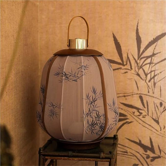 Simple Rechargeable Lantern Table Lamp with Touch Switch, Retro Chinese Small Night Light with Portable Handle, Elegant Decorative Fabric Nightstand Lamp for Bedroom Living Room(Brown)