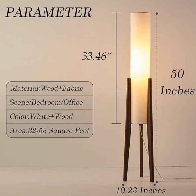MIXL-Walnut Wood Finish Tripod Floor Lamp,Cylinder Shade Tall Standing Lamp,Rustic Living Room Floor Lamp,Vintage Style Standing Light for Bedroom Office