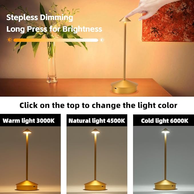 2 Pack Aluminum Cordless Table Lamp, 6000mAh Rechargeable Table Lamps, Portable Touch LED Lamp, Outdoor Waterproof Dimmable Cordless Rechargeable Table Lamps for Restaurant/Patio- Black (Gold)
