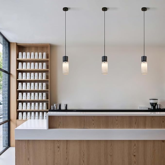 Alabaster Pendant Light for Kitchen Island,Natural Stone Island Pendant Light,Modern Black Pendant Lamp with Marble Shade,Durable Aluminum,Chandelier for Bedroom Beside,Countertop,Living Room,E26