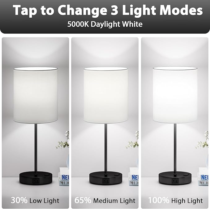 White and Black Lamps for Nightstand Set of 2 - Bedside Table Lamp for Bedroom with Dual USB Ports & AC Outlet, 3-Way Dimmable Lamps for Living Room Boys Room, Night Light with 5000K Daylight Bulbs