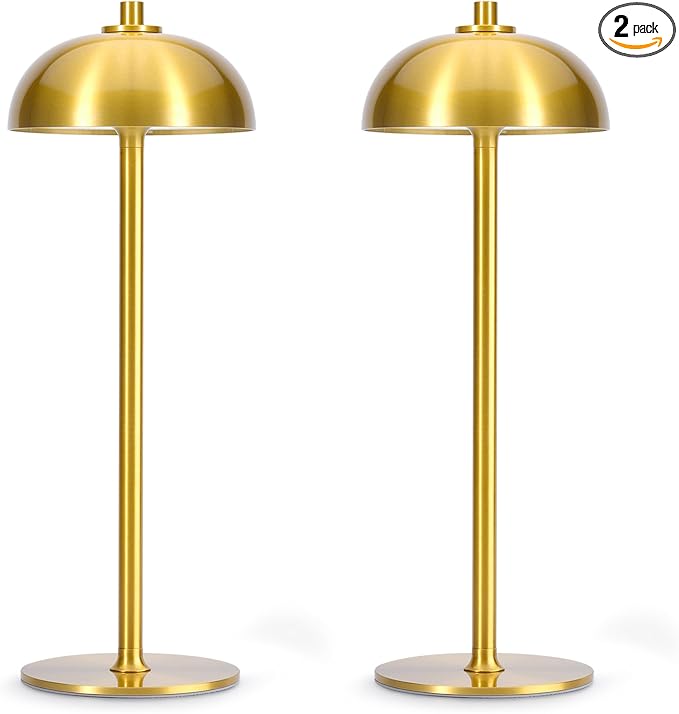 2 Pack Cordless Table Lamp, 5000mAh Portable Rechargeable Table Lamp, 3 Color Modes Stepless Dimming Table Light with Memory Function, for Dinner, Patio, Home, Restaurant.(Brushed Gold)