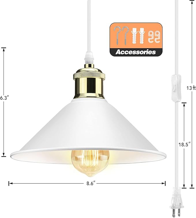 Plug in Pendant Light, Industrial Hanging Light with Plug in Cord On/Off Switch, Modern Pendant Light with Plug in Cord, Farmhouse Pendant Light Fixture, White