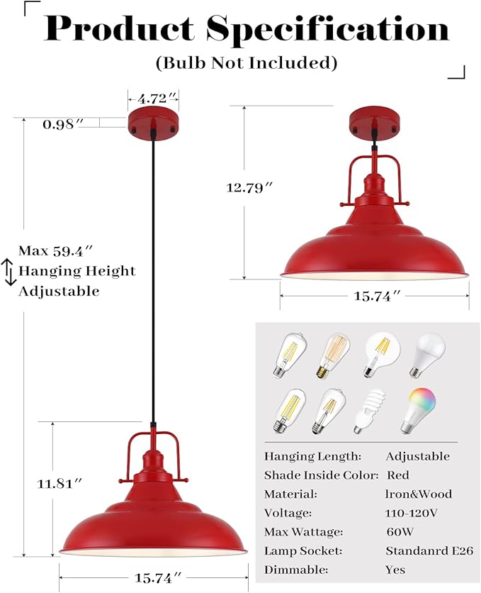 Red Pendant Light Kitchen Island,16 Inch Large Industrial Pendant Lights, Matte Red Pendant Lights, Vintage Farmhouse Pendant Light for Kitchen Island, Dining Room, Hallway (2 Pack)