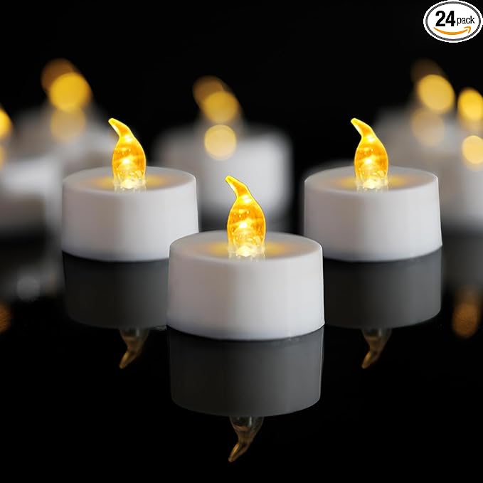 LANKER 24 Pack LED Tea Lights Candles, Flickering Warm Yellow Flameless Tealights, Long Lasting Battery Operated Fake Candles, Decoration for Halloween and Christmas (Yellow-24pcs)