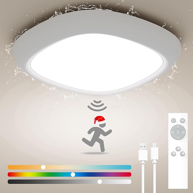 Rechargeable IP54 Waterproof Shower Light Indoor, 12000mAh Motion Sensor Wireless RGB Ceiling Light with Remote No Wiring, Battery Operated Closet Lights Cordless LED Overhead Lighting for Bathroom