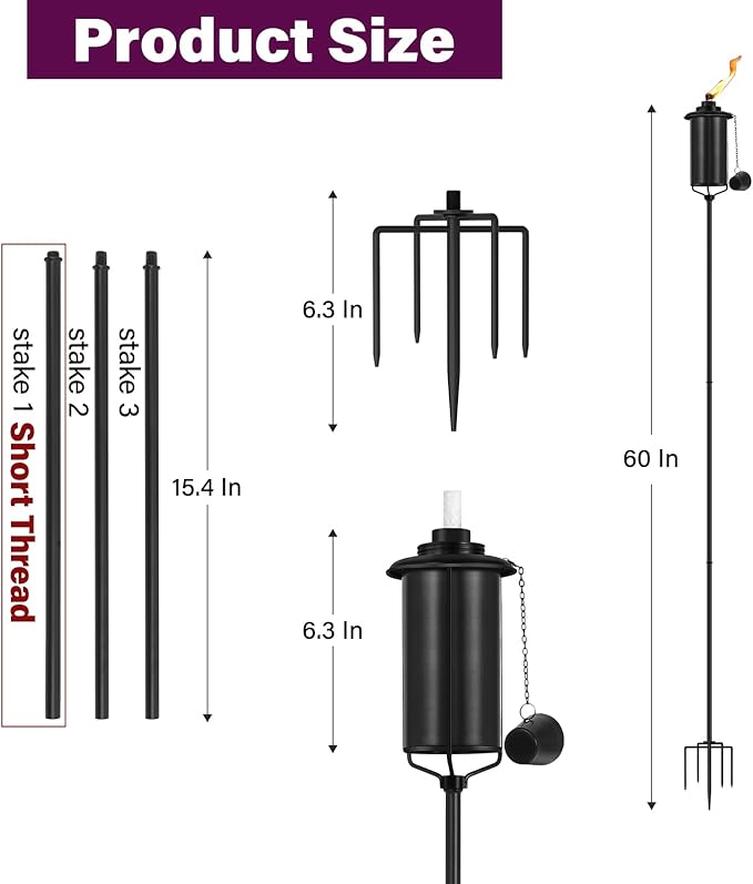 2-Pack Garden Metal Torches, 60" Upgraded Citronella Torches with 5-Prong Grounded Stakes, 16 oz Heavy-Duty Outdoor Torch Lights for Patio, Pathways, and Parties (Ultra-Stable Design)