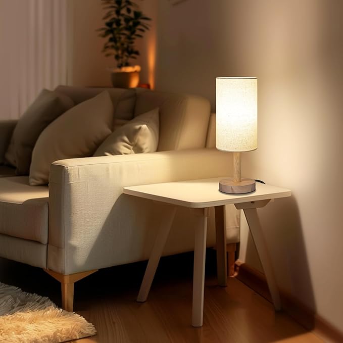 Small Table Lamp for Bedroom, Nightstand Lamp Linen Lampshade Bedroom Wood Base Small Bedside Lamp for Night Stands, Desk Lamps for Reading Living Room, Office (LED Bulb Included) (Wood Base)