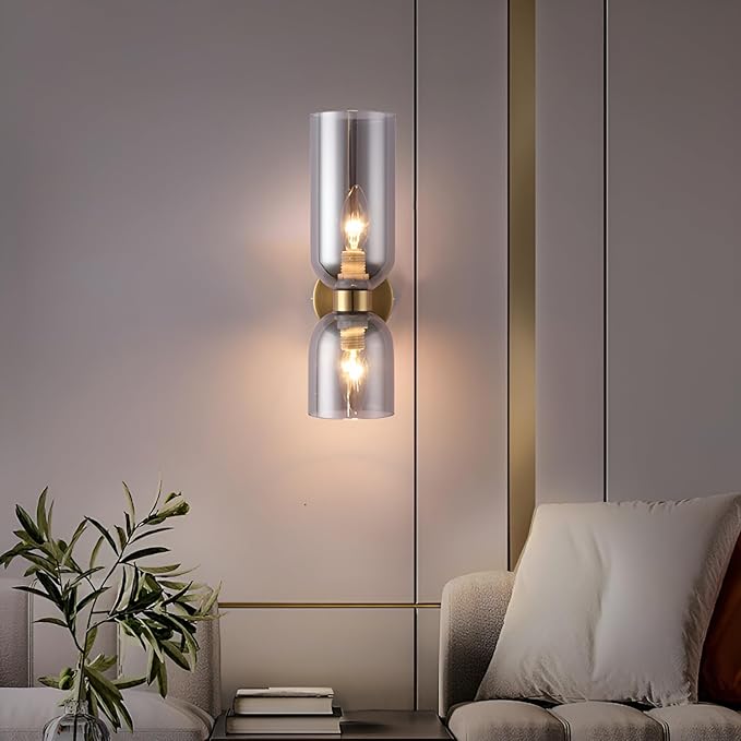 Mid Century Modern Wall Sconce, Gold Wall Light Set of Two 2-Light Modern Wall Lamp Smoke Grey Shade Wall Light for Restaurant Living Room Bedside Stairs Bathroom Mirror (Gold+Smoke Grey)